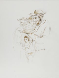 Hasidic Men Reading, Modern Ink on Paper by Ira Moskowitz