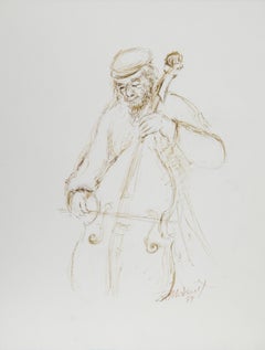 Double Bass Player - I, Modern Ink on Paper by Ira Moskowitz