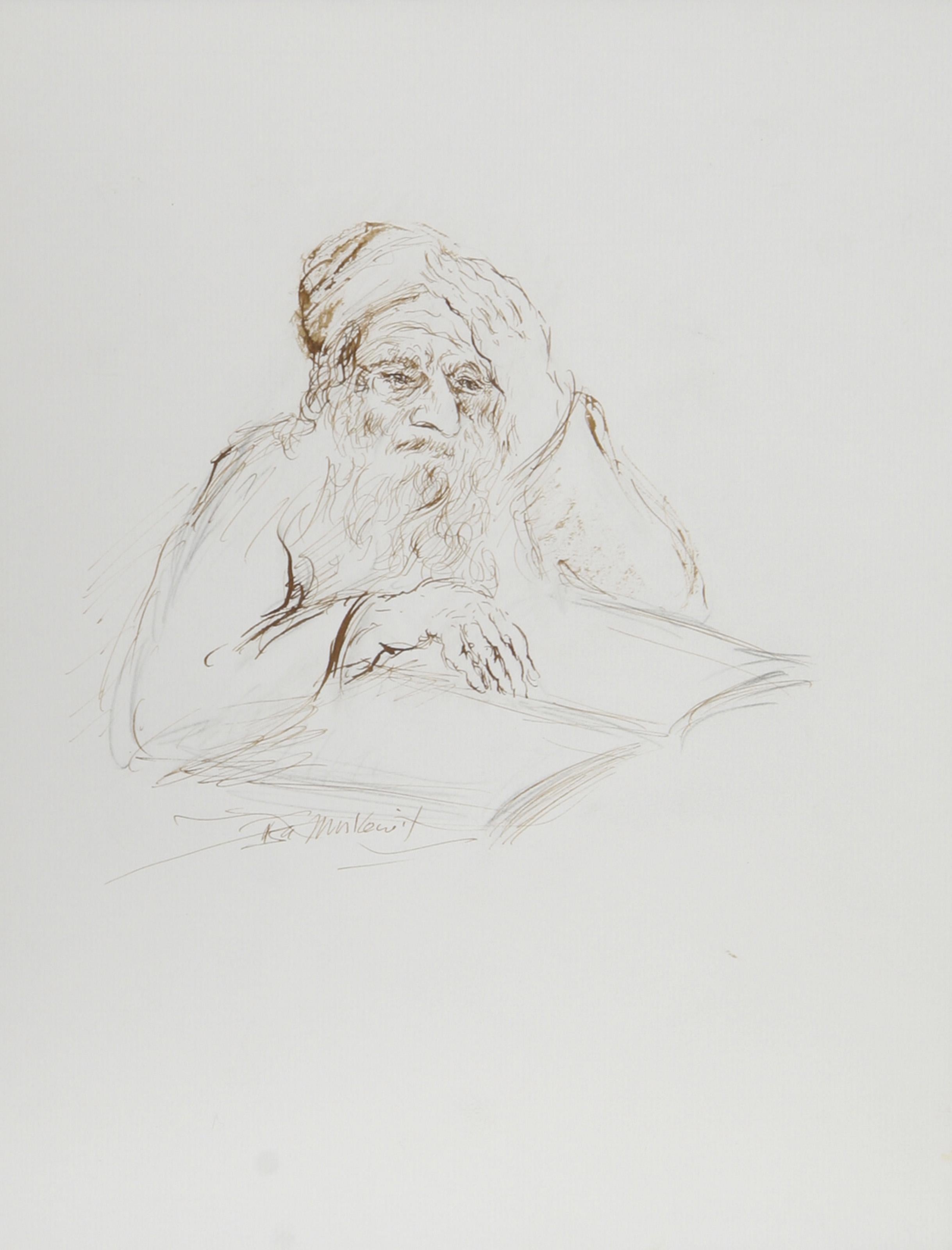 Lapin avec livre - III, encre moderne sur papier d'Ira Moskowitz