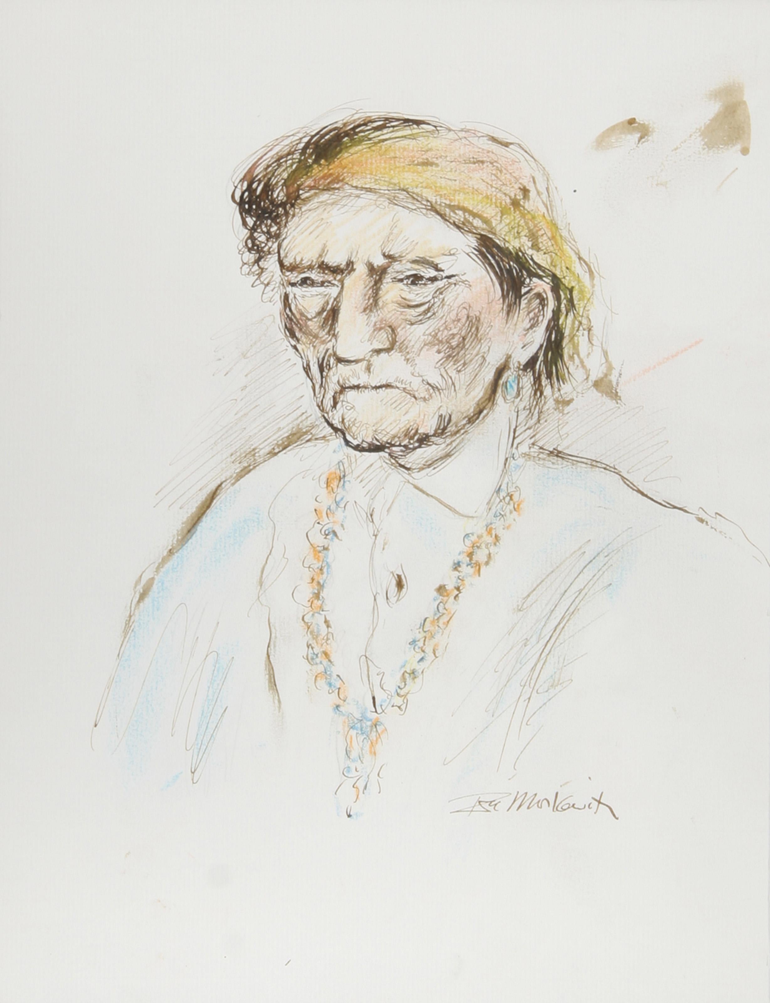 Native American Man - IV, Folk Art Ink and Pastel on Paper by Ira Moskowitz