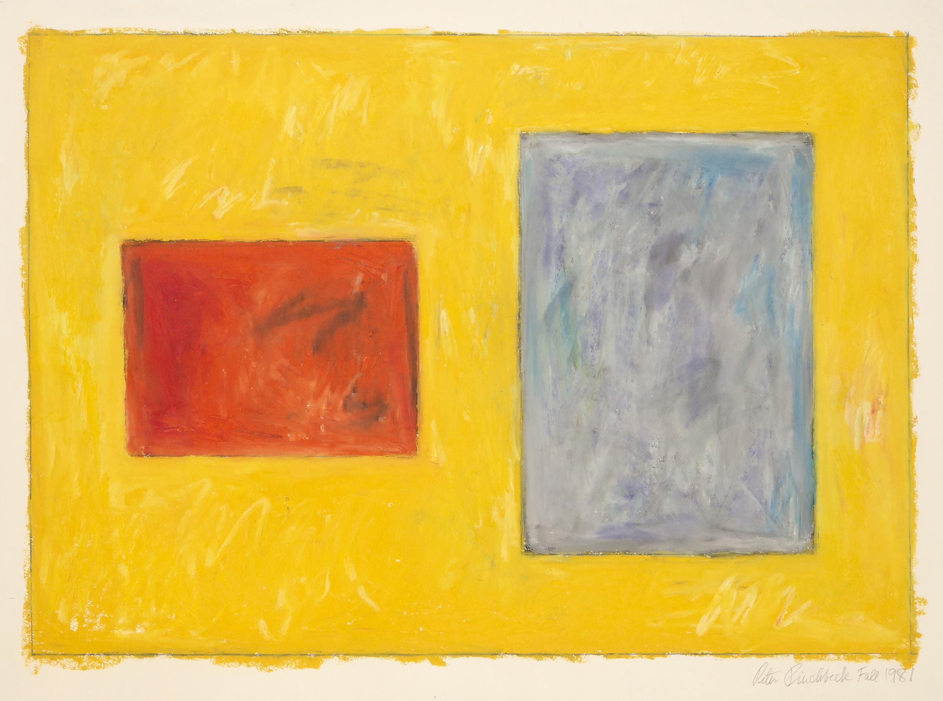 Abstract Drawing Peter Pinchbeck - Square jaune, rouge et violet, gouache moderne sur papier de coton Fabriano