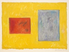 Cuadrado amarillo, rojo y morado, aguada moderna sobre papel de algodón Fabriano