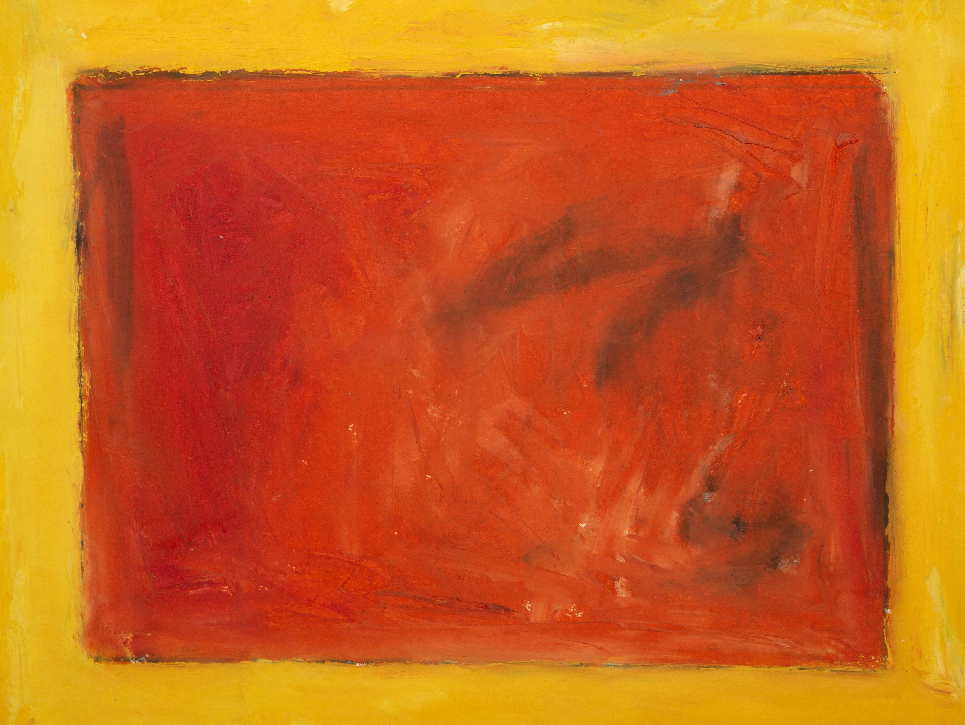 Square jaune, rouge et violet, gouache moderne sur papier de coton Fabriano - Art de Peter Pinchbeck