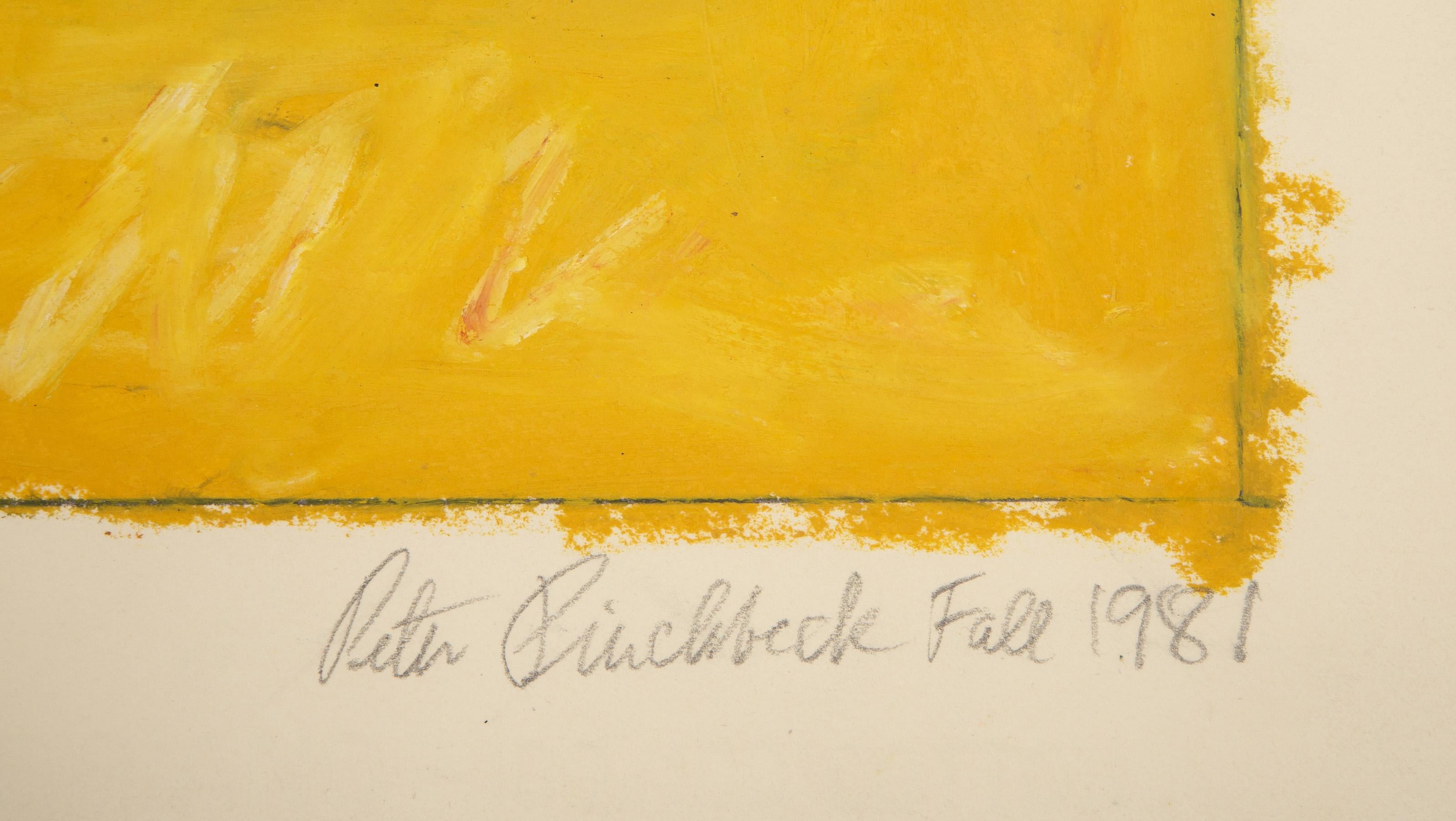 Square jaune, rouge et violet, gouache moderne sur papier de coton Fabriano - Jaune Abstract Drawing par Peter Pinchbeck