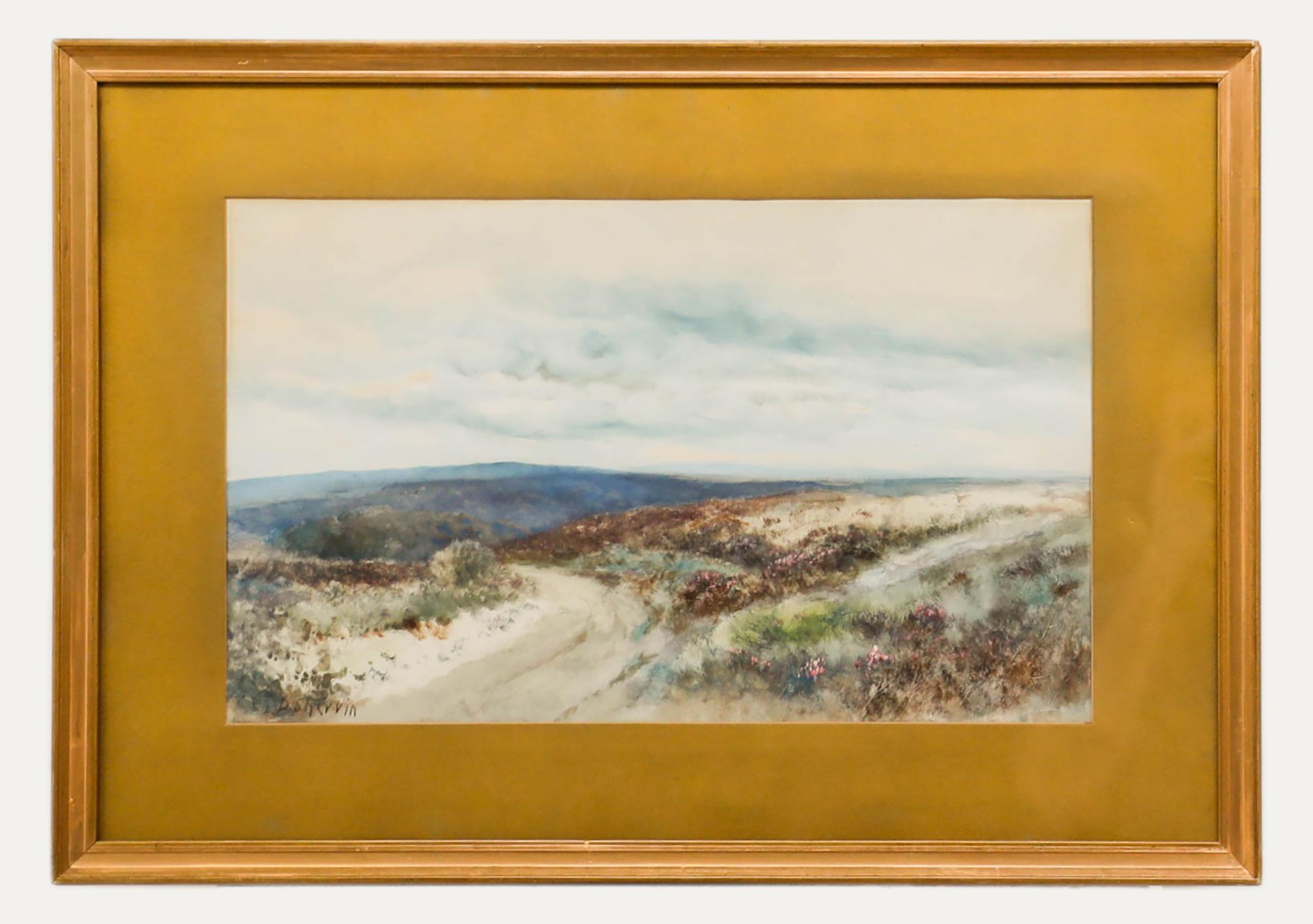 Un suggestivo paesaggio di Reginald Daniel Sherrin che raffigura una vasta brughiera con erica. Presentato in una cornice e un supporto con effetto dorato. Firmato in basso a sinistra.