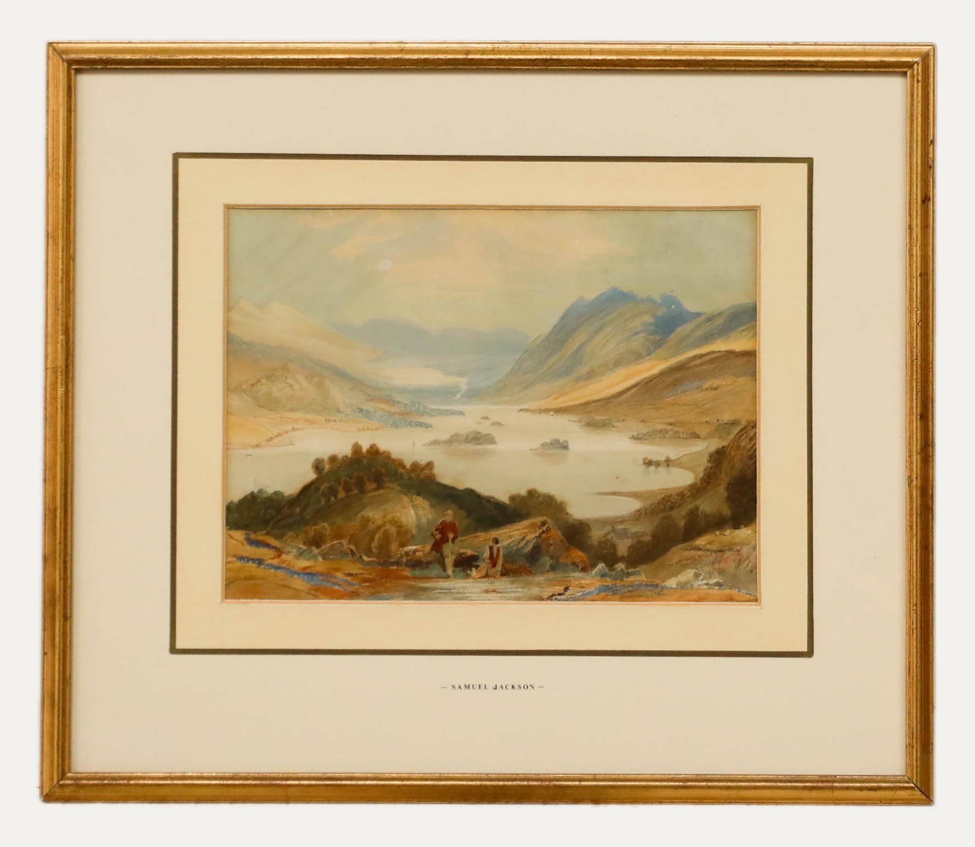 Attribué. Samuel Jackson (1794-1869) - Aquarelle encadrée, Scène de lac montagneux