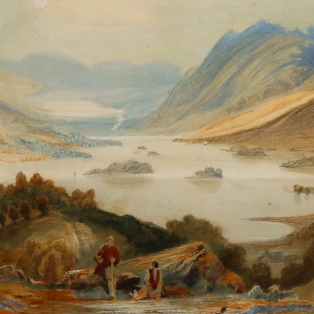 Paysage de montagne gallois avec des personnages au repos au premier plan. Attribué à l'artiste de l'école de Bristol Samuel Jackson (1794-1869). Bien présenté dans un cadre à effet doré avec une monture à lavis. Non signée. Sur le papier.