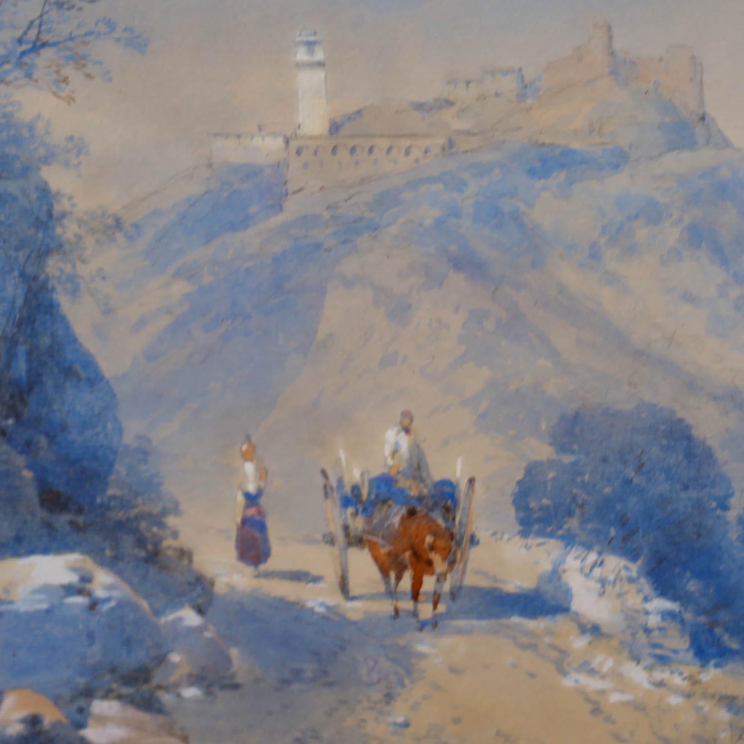A fine watercolour study of a coastal landscape with horse drawn cart and figures to the foreground. Well presented in a gilt frame. Signed and dated below the mount. On paper.