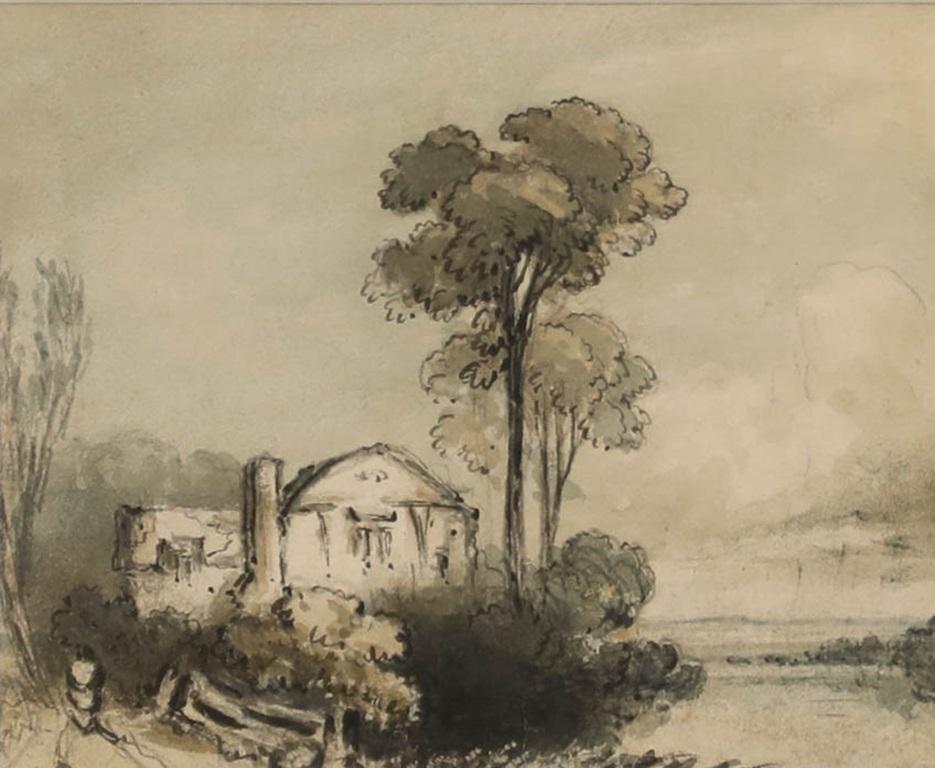 Attribué. James Robertson - Aquarelle encadrée du XIXe siècle, Une maison de campagne en vente 1