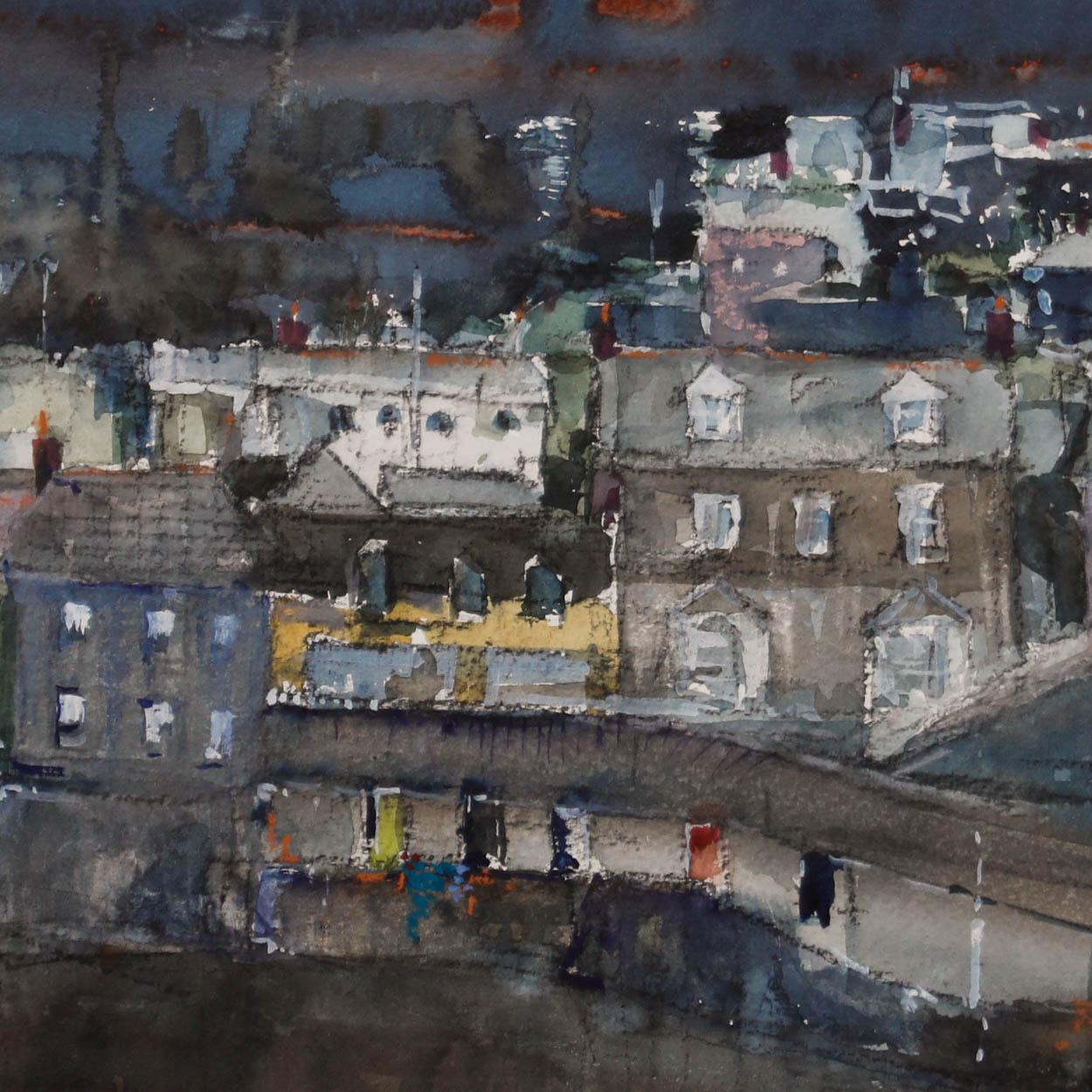 Aquarelle originale de Brian Jones. Port Isaac, Cornouailles. Présenté dans un cadre en bois contemporain. Signé avec des initiales en bas à droite et daté de 1996. Sur aquarelle. 