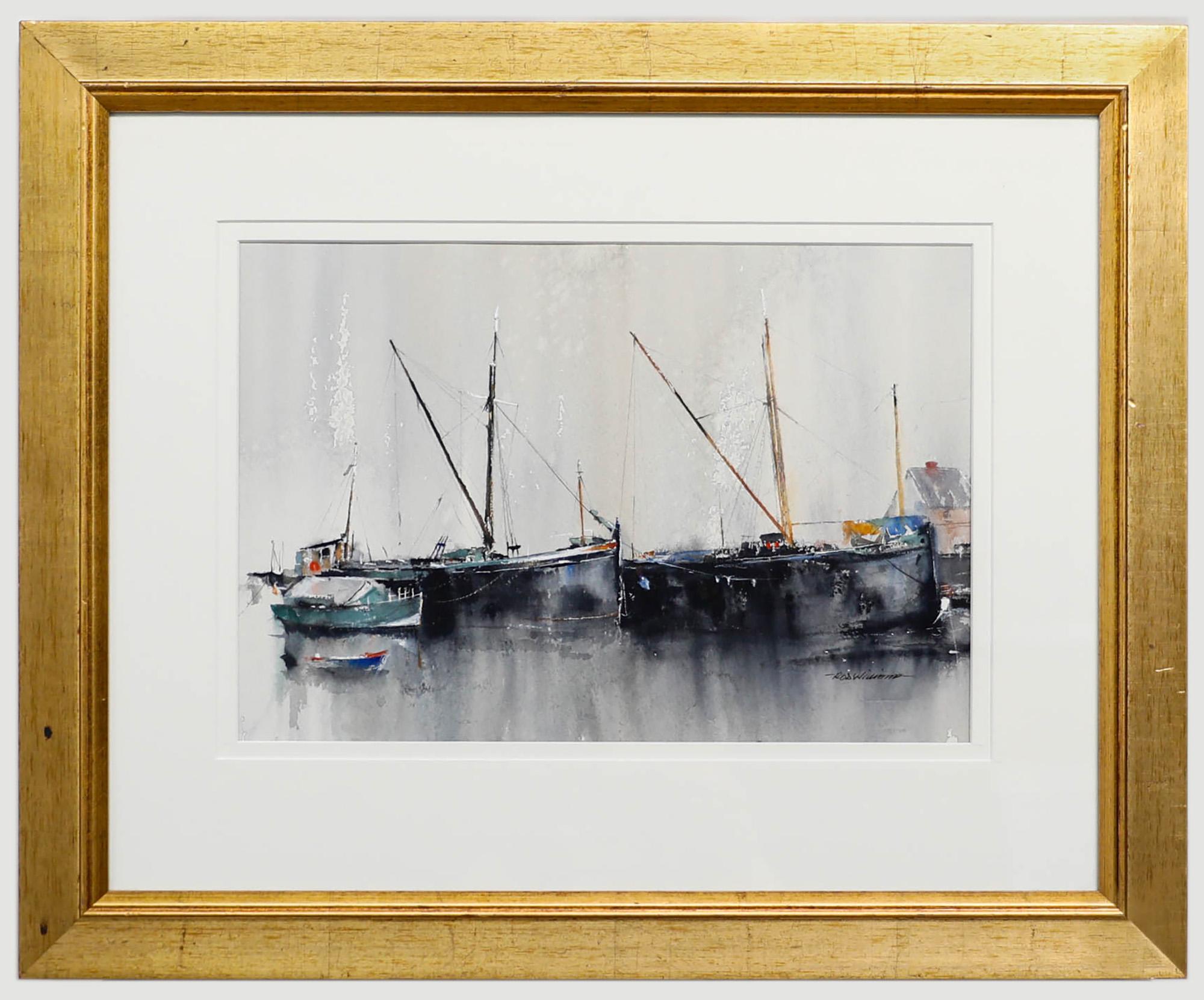 Rob Williams - Aquarelle contemporaine encadrée, Bateaux à voile dans un port