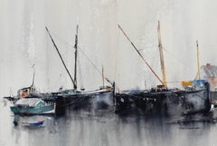 Rob Williams - Framed Contemporary Watercolour, Sailing Boats in a Harbour