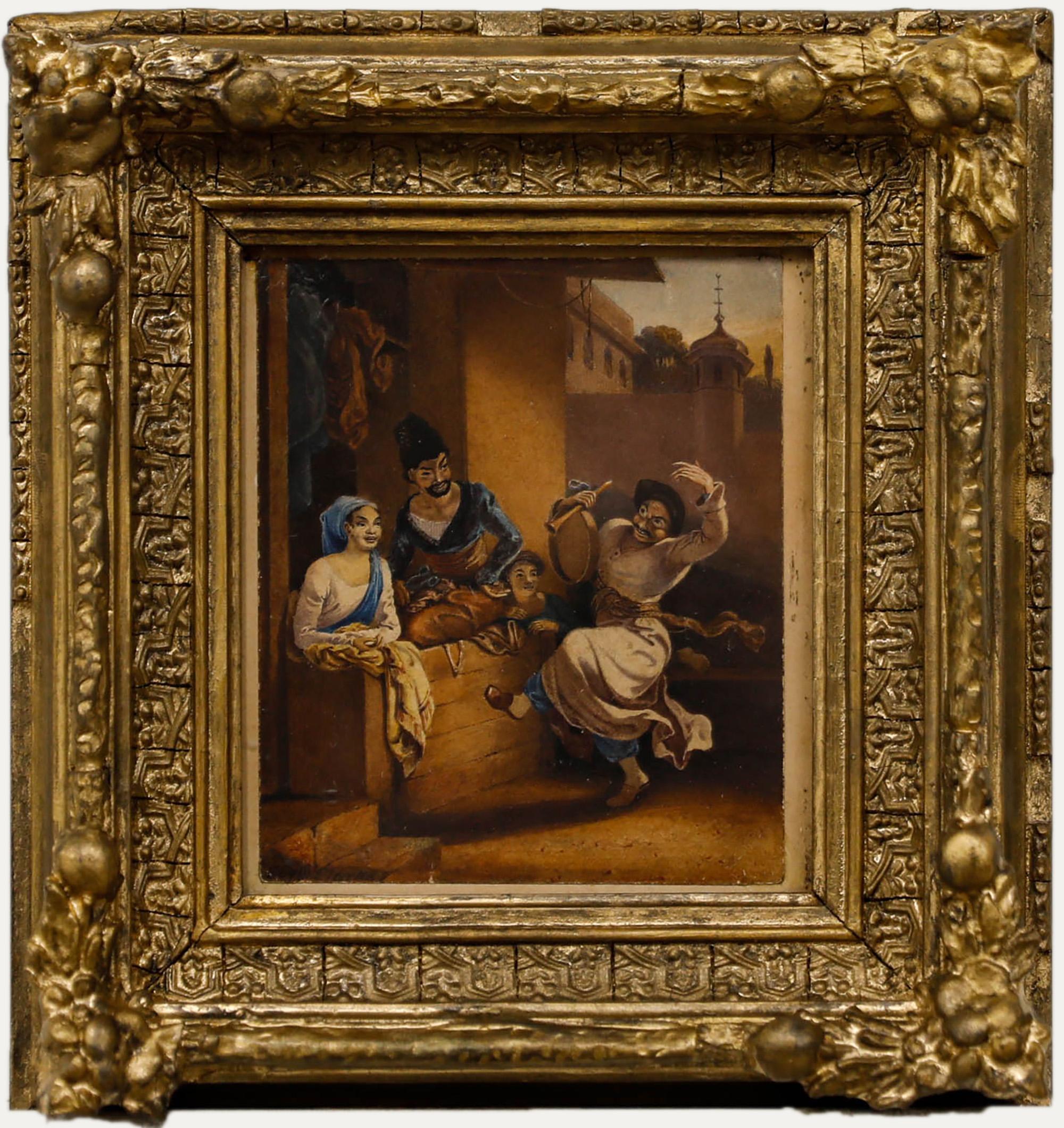 Figurative Art di Unknown - Acquerello in miniatura del XIX secolo - L'artista di strada
