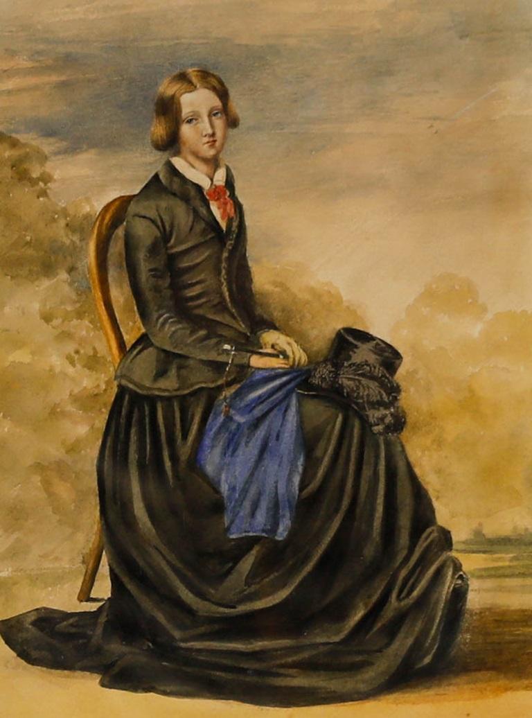 Aquarelle encadrée de la fin du 19e siècle - Portrait d'une dame en deuil en vente 1