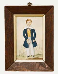English Naive School 19th Century Watercolour - Boy with a Book