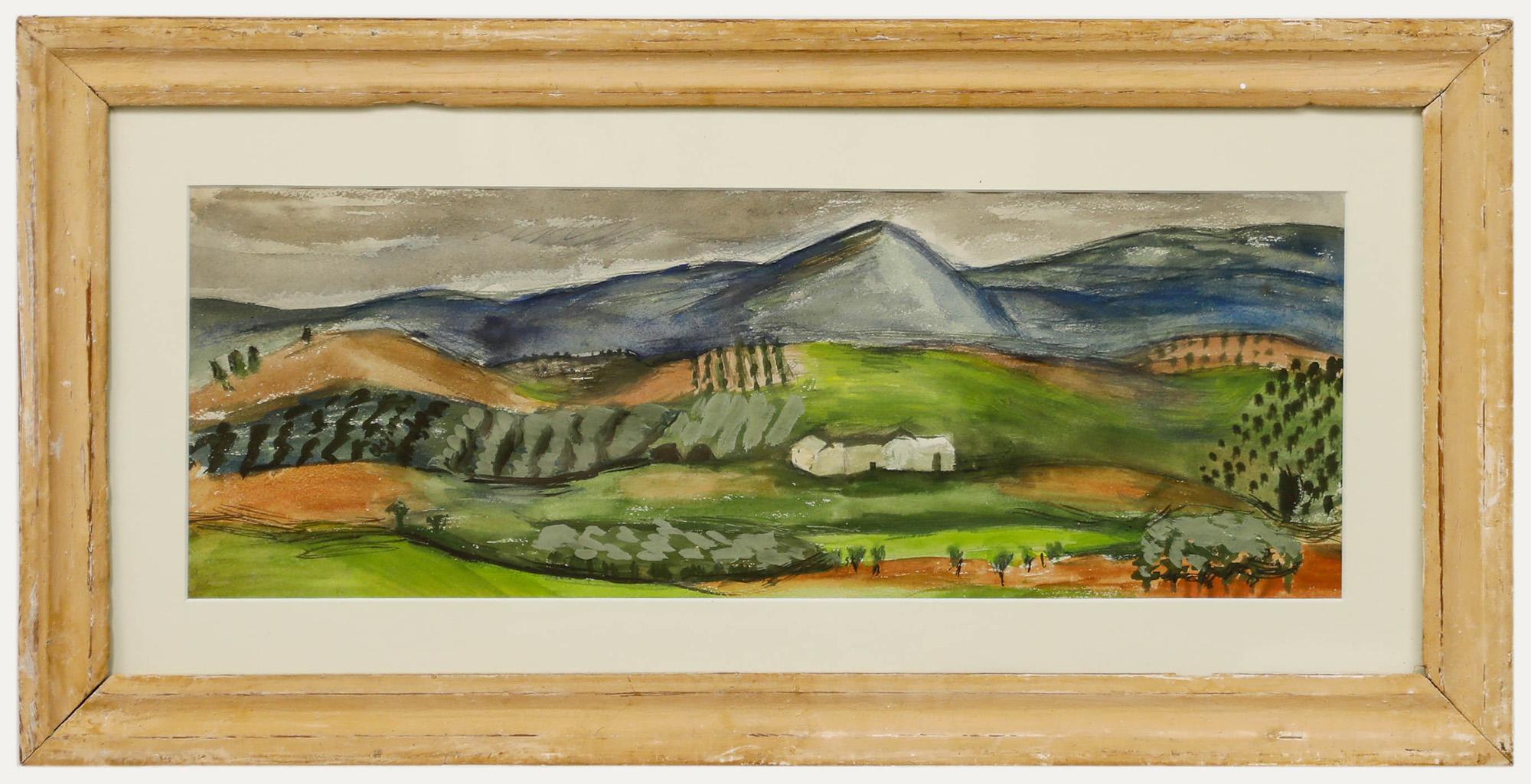 Unknown Landscape Art – Gerahmtes Aquarell aus der Mitte des 20. Jahrhunderts – Rolling Hills
