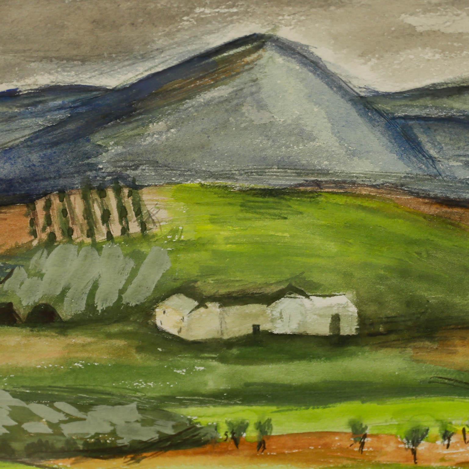 Naive Landschaft aus der Mitte des Jahrhunderts, Aquarell und Gouache. Nicht signiert. Gut präsentiert in einem beschädigten Holzrahmen. 