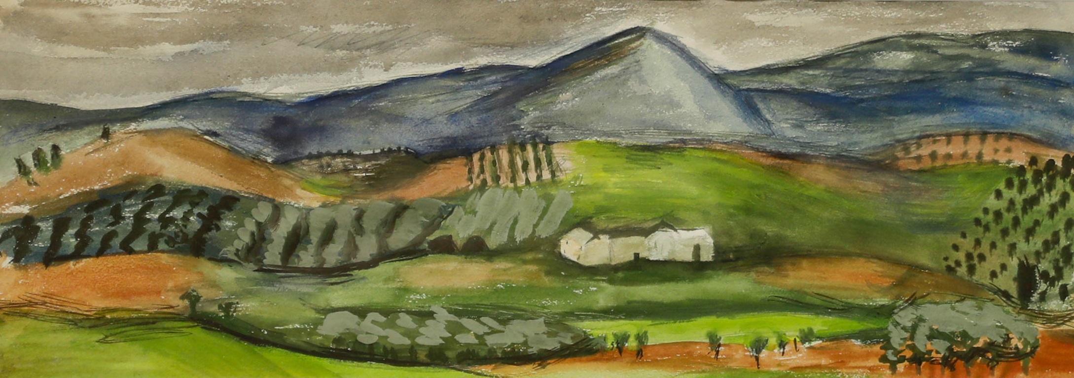 Gerahmtes Aquarell aus der Mitte des 20. Jahrhunderts – Rolling Hills – Art von Unknown