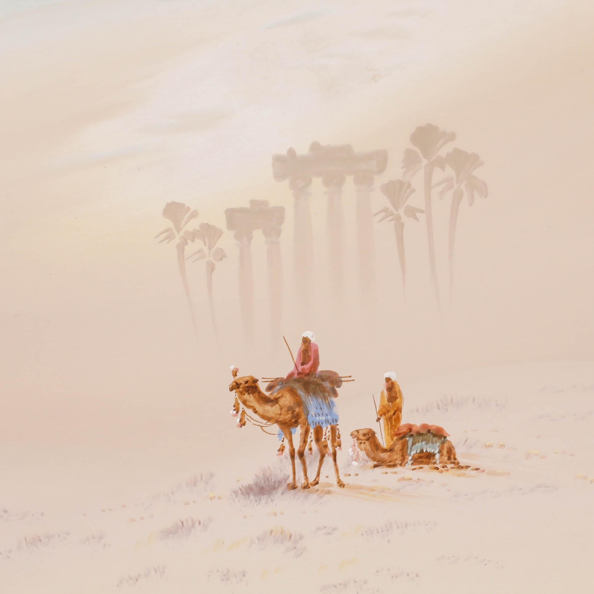 An atmospheric scene depicting two men on camels in a North African landscape. Signed in graphite. Presented in a gilt-effect frame. On paper.