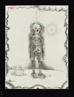 Skelett, Katze und Motte, Tusche auf Papier Zeichnung von Jeffry Mitchell, 2010