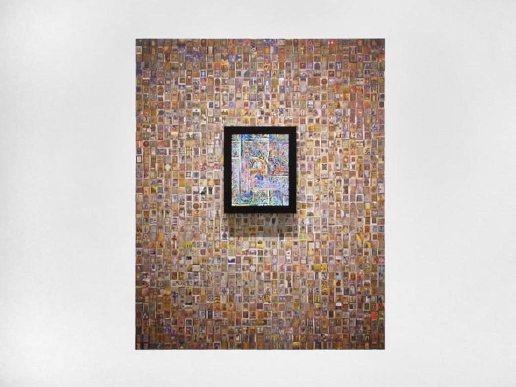 Narrative Walk (Illuminated Manuscripts), by Jason Salavon, 2019

Additional information:
Medium: Wallpaper, real-time video, custom software, framed monitor  
Video Duration: 24 hours 0 minutes 0 second
Edition of 3

Using software processes of his
