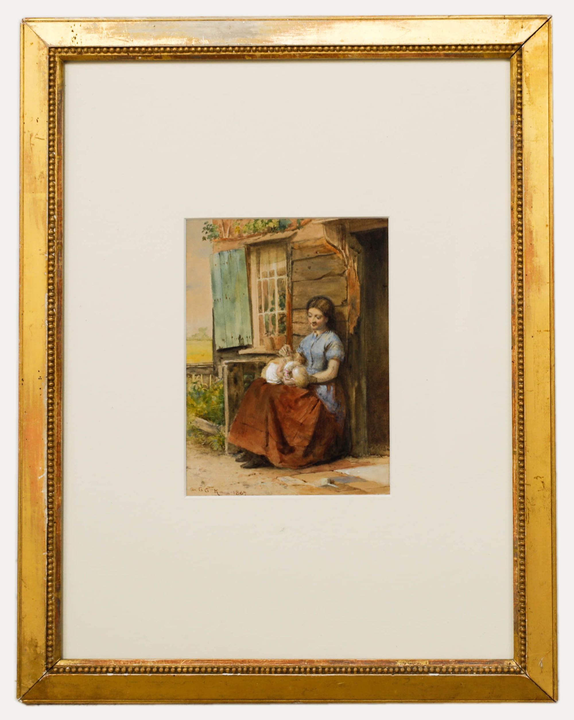 Eine rührende Szene, in der eine Mutter mit ihrem Baby vor einem Haus sitzt. Signiert und datiert unten links. Präsentiert in einem vergoldeten Rahmen mit einem perlenartigen Muster. Auf dem Papier.