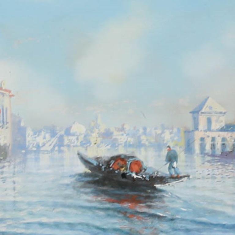 Paisaje veneciano, gouache sobre papel. Bien presentado en un marco estrecho de madera con lavado azul. Firmado. 