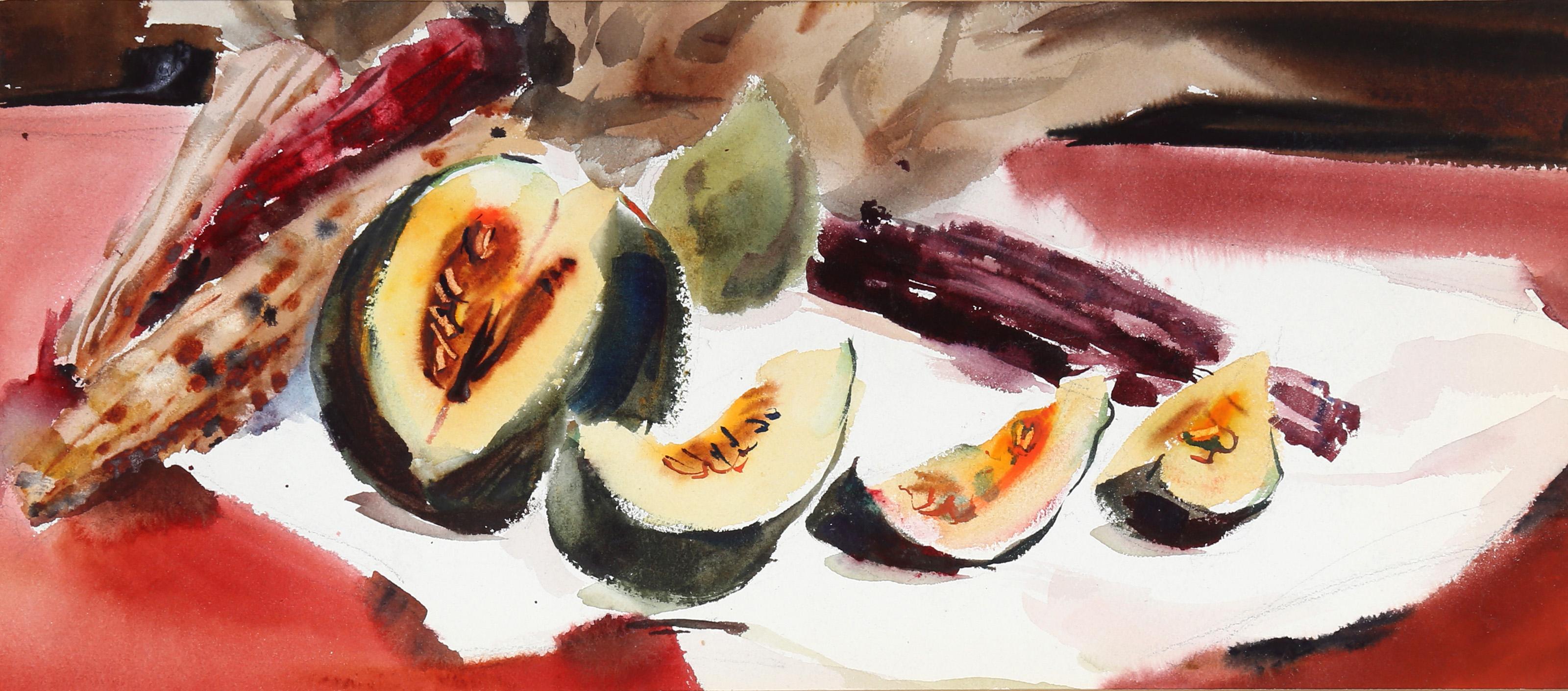  Eve Nethercott, estadounidense (1925 - 2015) -  Bodegón de frutas (P3.14), Año:  1959, Medio:  Acuarela sobre papel, Tamaño:  9  x 20 pulg. (22,86  x 50,8 cm), Descripción:  Delante de un montón de maíz indio enjoyado, la calabaza verde aparece