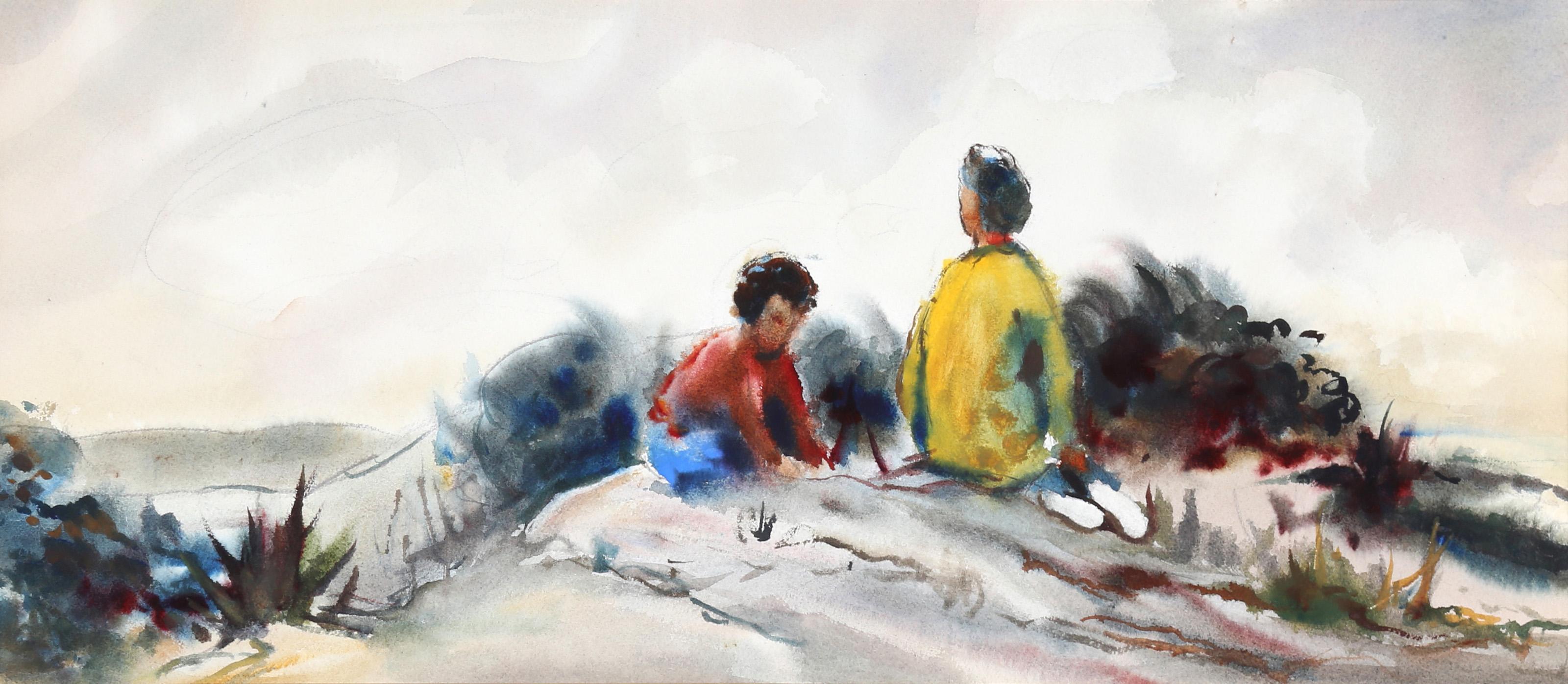  Eve Nethercott, Amerikanerin (1925 - 2015) -  Spielende Kinder am Strand (P3.16), Jahr:  1959, Medium:  Aquarell auf Papier, Größe:  9  x 20 in. (22.86  x 50,8 cm), Beschreibung:  In diesem verspielten, malerischen Aquarell von Eve Nethercott