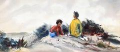 Kinder beim Strand spielen, impressionistisches Aquarell von Eve Nethercott