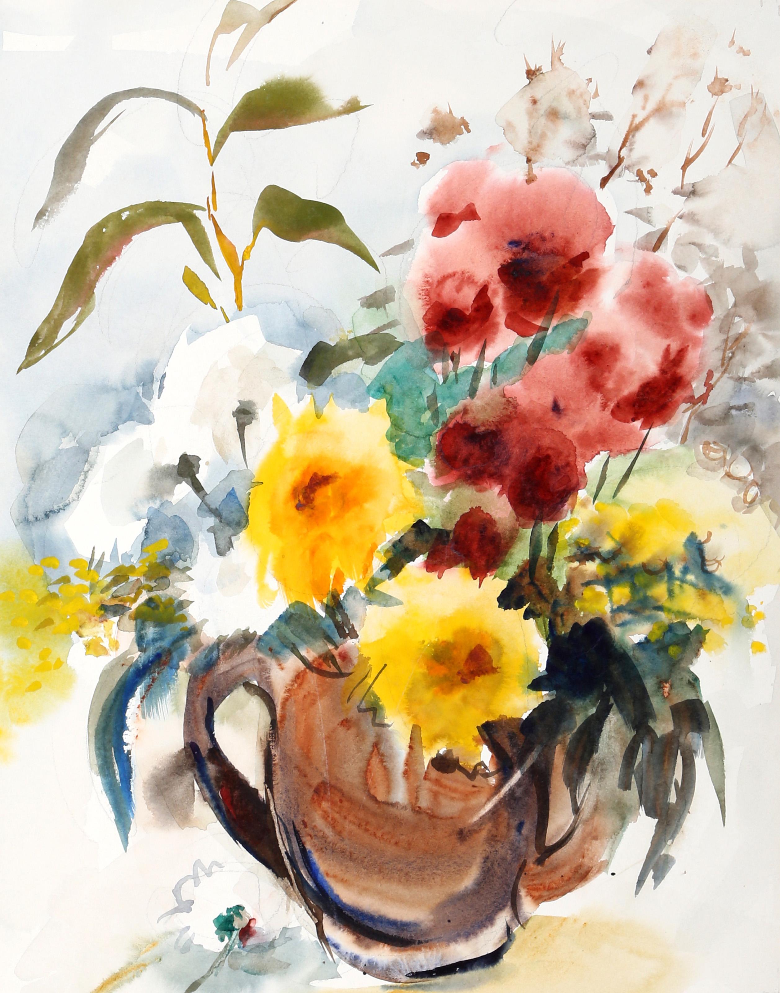  Eve Nethercott, estadounidense (1925 - 2015) -  Jarrón de Flores (P3,19), Año:  1960, Medio:  Acuarela sobre papel, Tamaño:  17  x 13 pulg.  x 33,02 cm), Descripción:  Esta impresionante muestra de un variado arreglo floral es un buen ejemplo de