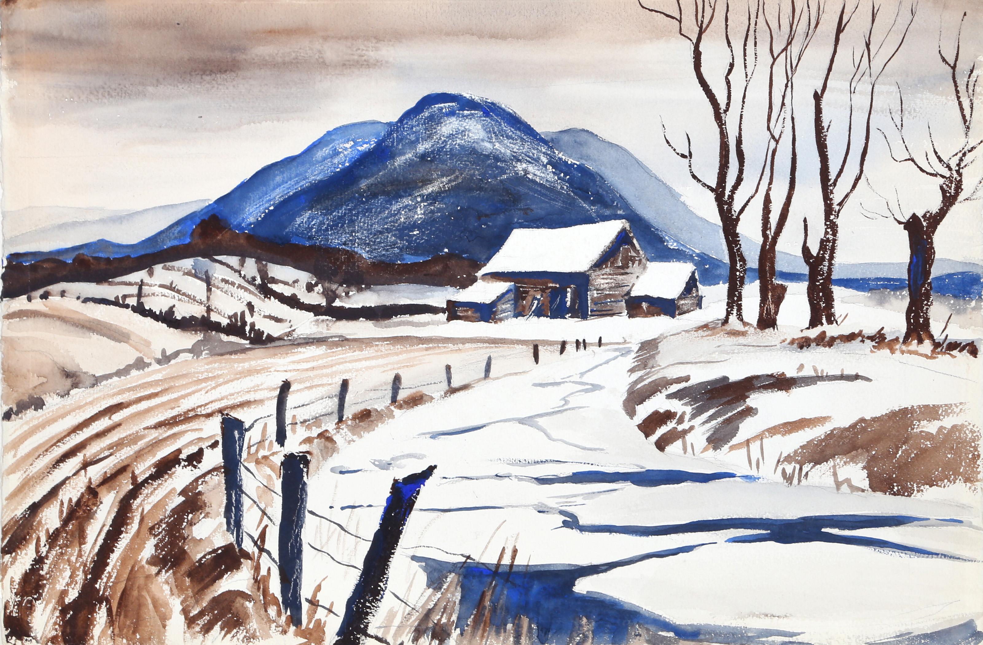  Eve Nethercott, estadounidense (1925 - 2015) -  Paisaje de la Granja Winter (P3.30), Año:  hacia 1960, Medio:  Acuarela sobre papel, Tamaño:  15  x 22 pulg. (38,1  x 55,88 cm), Descripción:  Con vistas a campos labrados bordeados de estacas, el