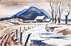 Winterfarm-Landschaft, impressionistisches Aquarell von Eve Nethercott