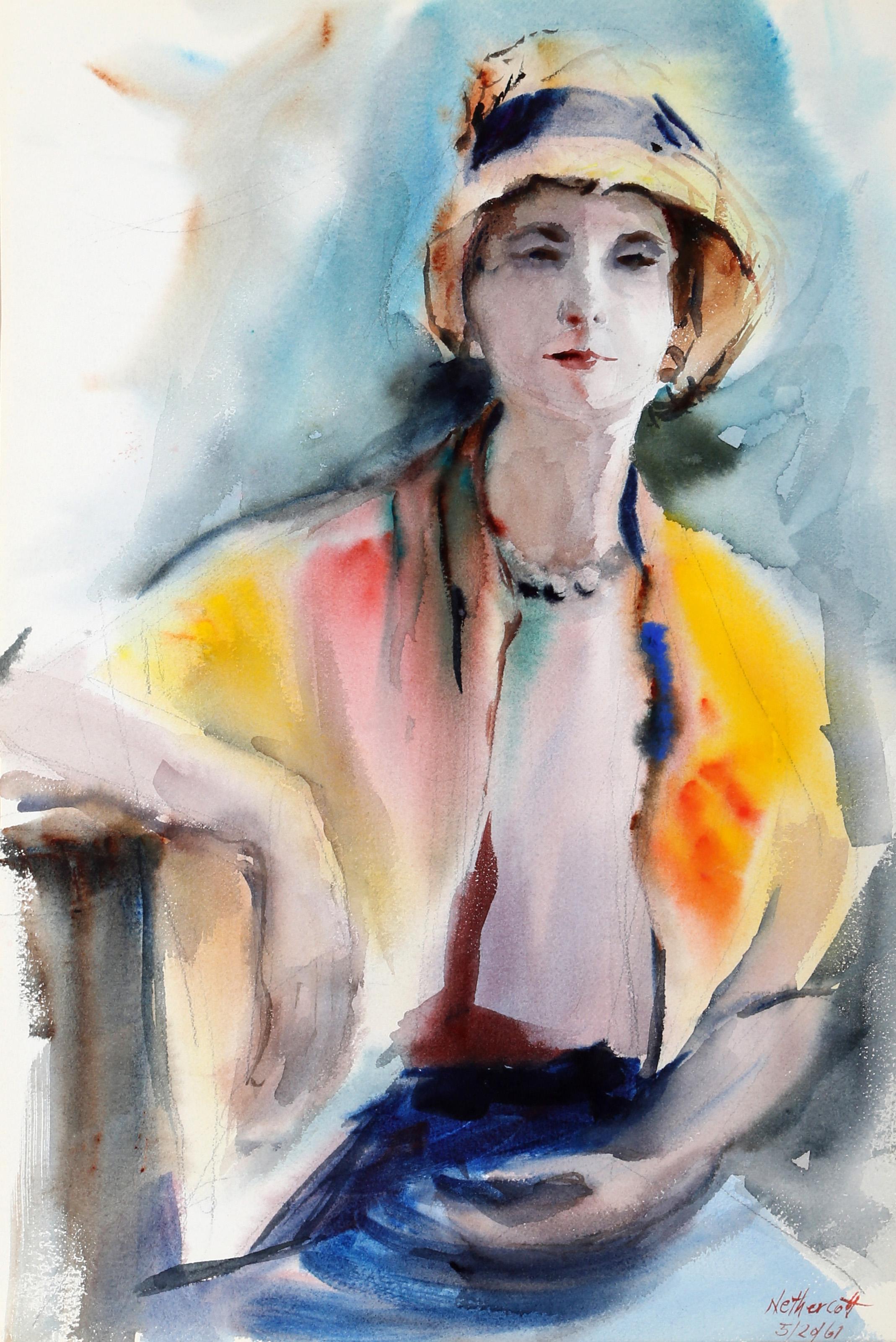 Femme en jaune, aquarelle impressionniste d'Eve Nethercott