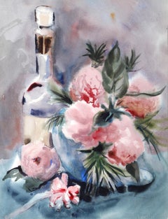 Vase de fleurs roses, aquarelle impressionniste d'Eve Nethercott