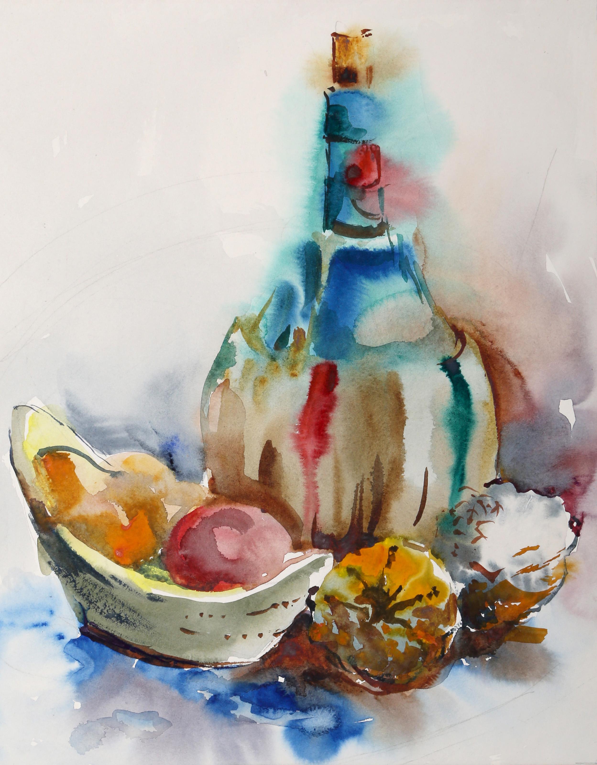  Eve Nethercott, estadounidense (1925 - 2015) -  Naturaleza muerta con Chianti (P3.23), Año:  hacia 1960, Medio:  Acuarela sobre papel, Tamaño:  17  x 13 in. (43.18  x 33,02 cm), Descripción:  Dispuesta alrededor de varias frutas de distintos