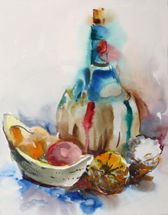 Natura morta con Chianti, acquerello impressionista di Eve Nethercott