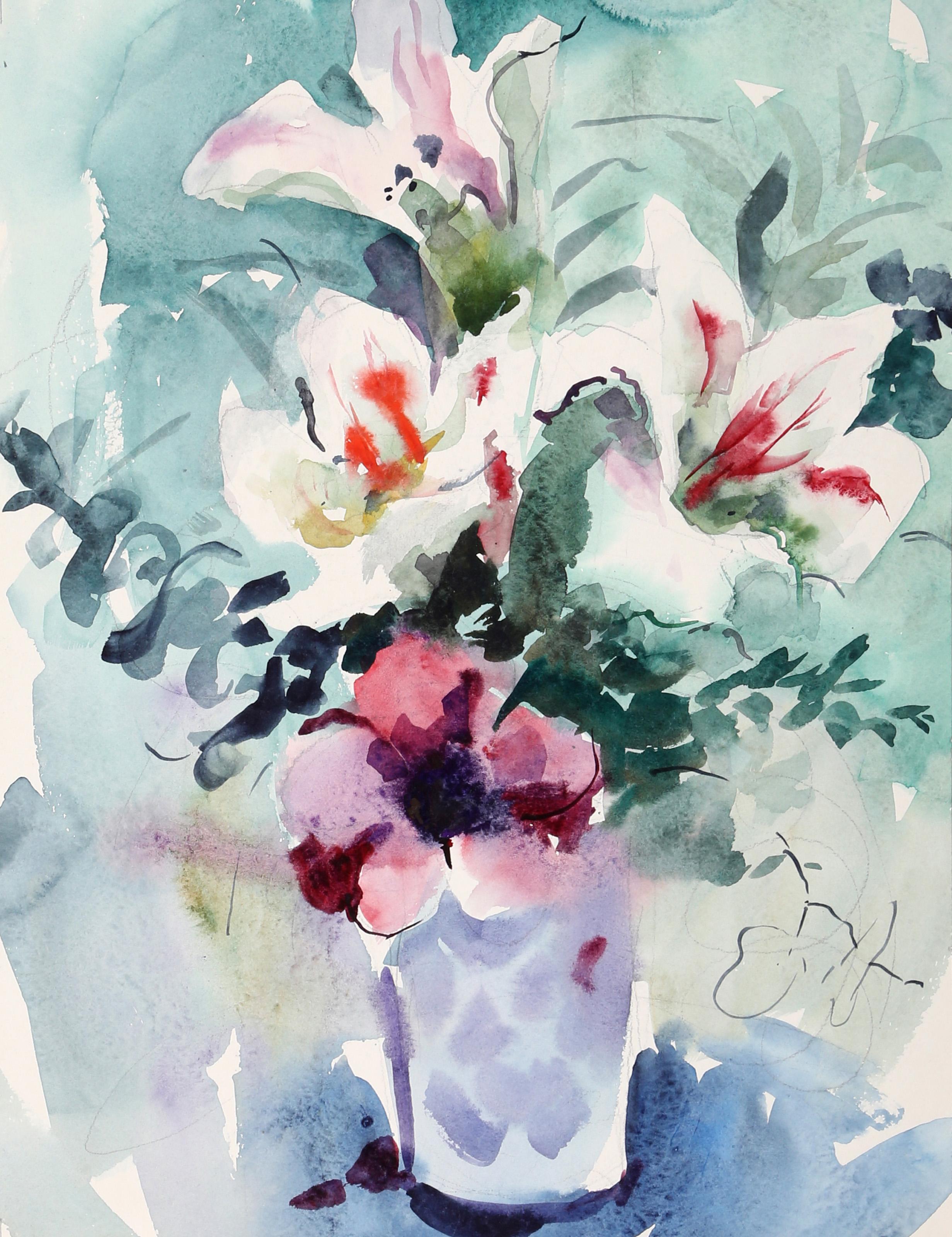  Eve Nethercott, estadounidense (1925 - 2015) -  Jarrón de flores (P3,25), Año:  hacia 1960, Medio:  Acuarela sobre papel, Tamaño:  17.5  x 13 in. (44.45  x 33,02 cm), Descripción:  Sobre un fondo verde azulado, el tranquilo bodegón de Eve