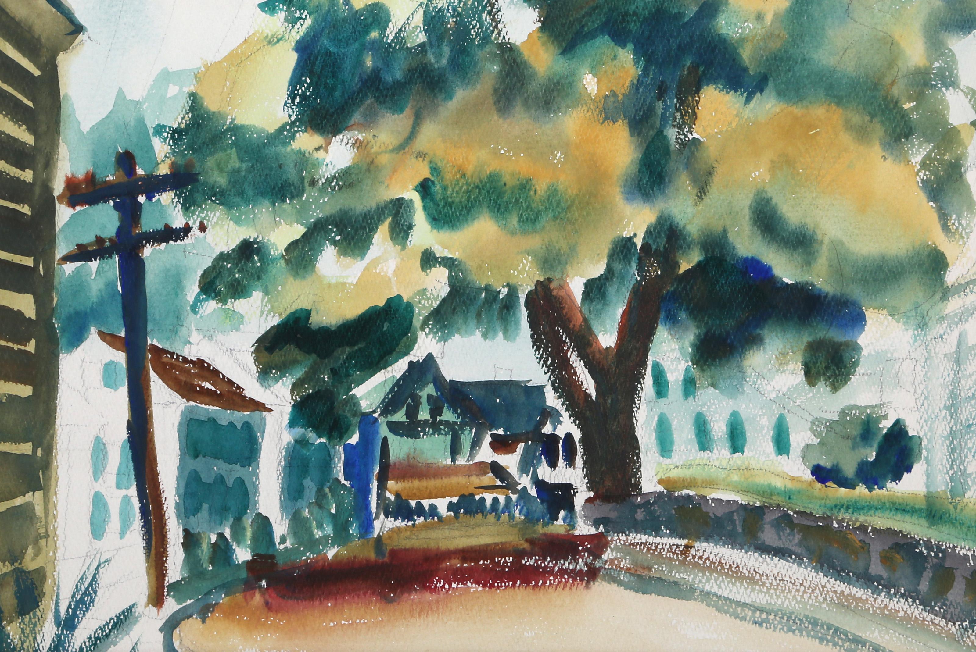  Eve Nethercott, estadounidense (1925 - 2015) -  Rockport (P3.28), Año:  1948, Medio:  Acuarela sobre papel, Tamaño:  11  x 16,5 pulg. (27,94  x 41,91 cm), Descripción:  La acuarela de Eve Nethercott de un camino de tierra bordeado de casas