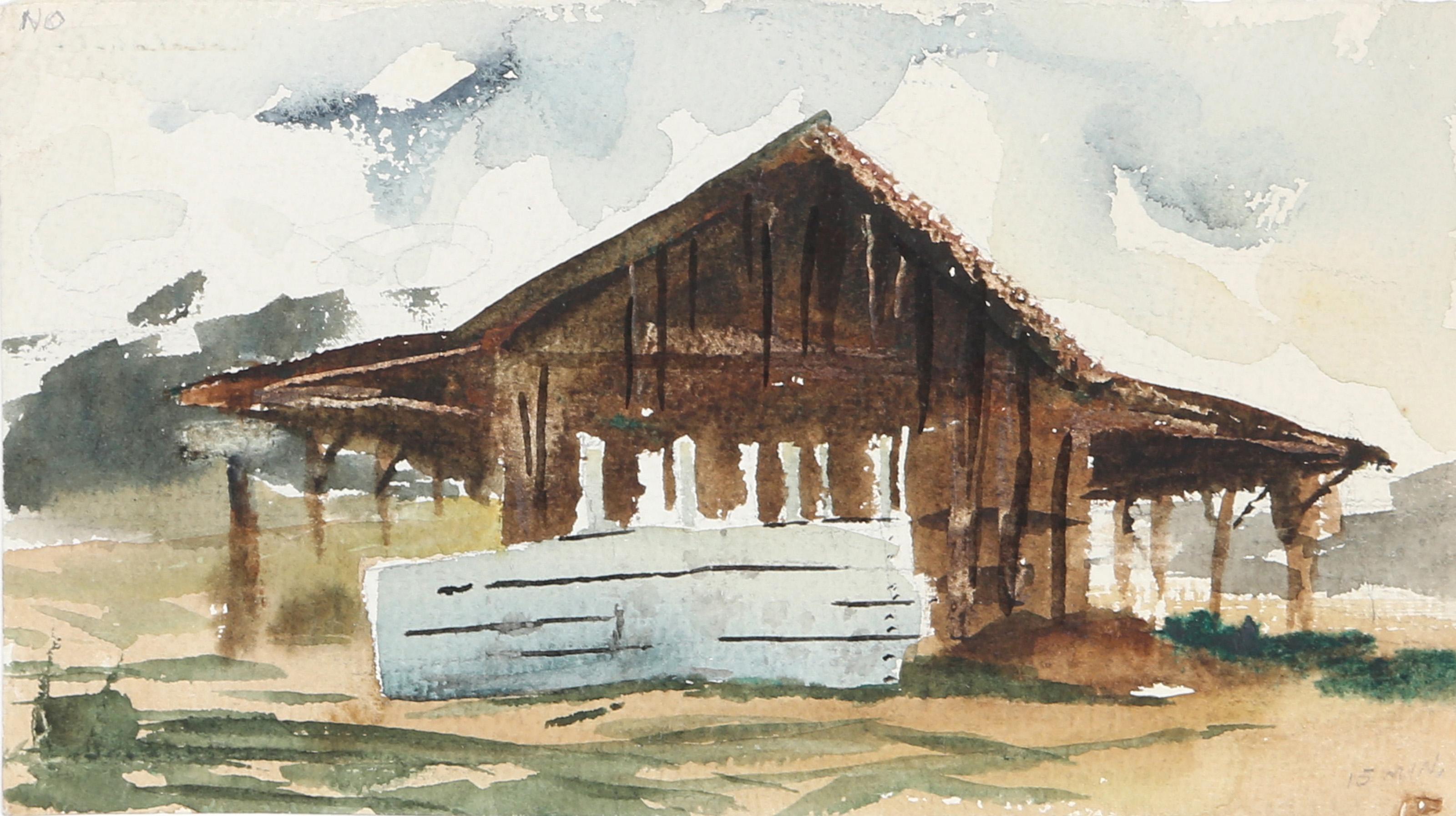  Eve Nethercott, estadounidense (1925 - 2015) -  Granero (P4.1), Año:  hacia 1960, Medio:  Acuarela sobre papel, Tamaño:  6  x 10 in. (15.24  x 25,4 cm), Descripción:  Situada en algún lugar de las praderas del Oeste americano, con las montañas a lo