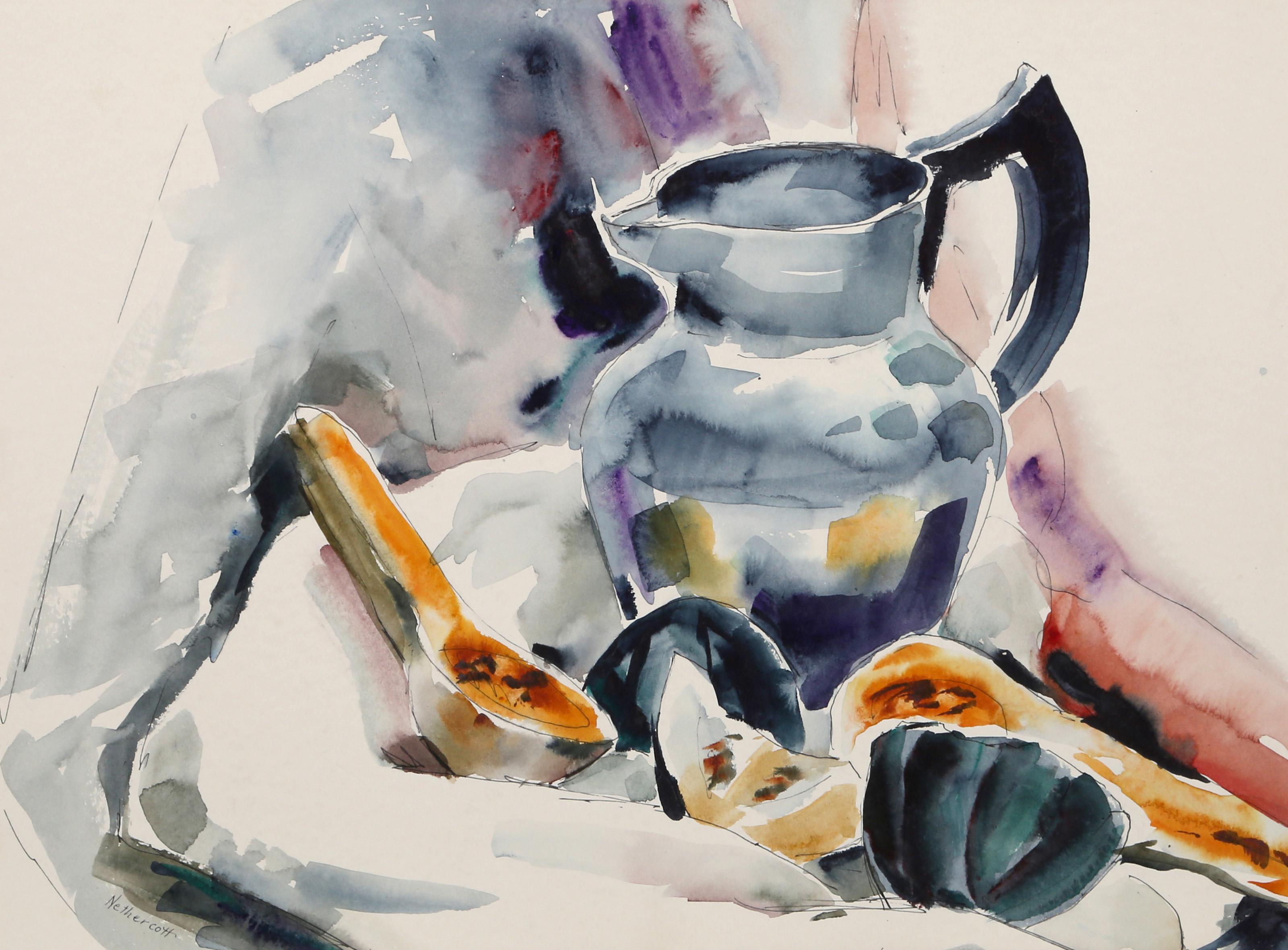  Eve Nethercott, estadounidense (1925 - 2015) -  Bodegón con jarra (P4.4), Año:  1960, Medio:  Acuarela sobre papel, Tamaño:  13.5  x 18 in. (34.29  x 45,72 cm), Descripción:  Bañado por la luz del sol, este bodegón de Eve Nethercott está realizado