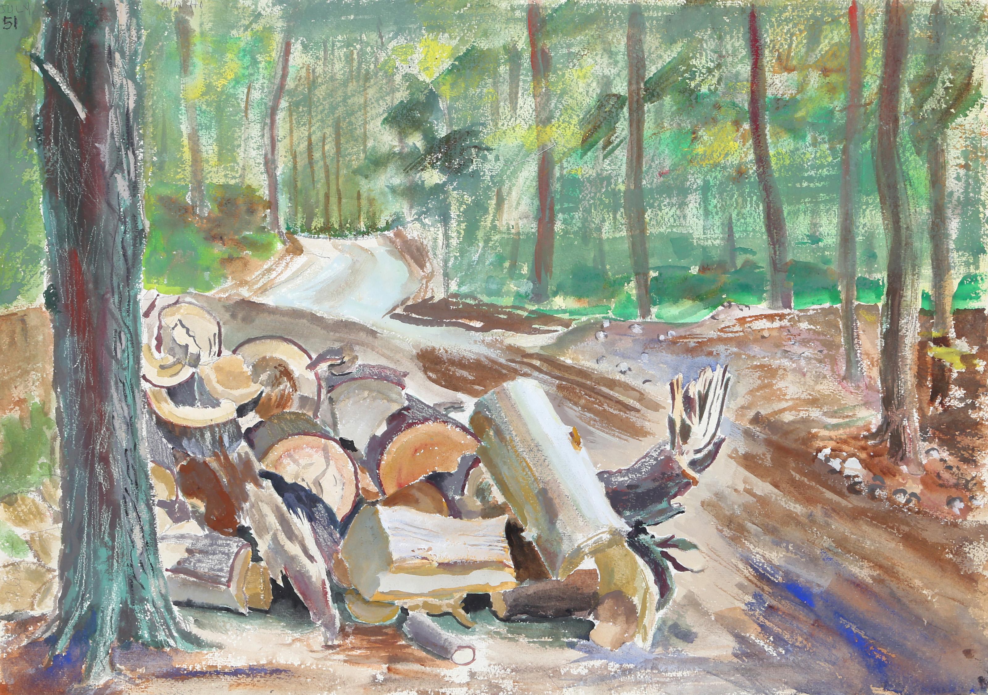  Eve Nethercott, estadounidense (1925 - 2015) -  Albergue Aimhi (P5.4), Año:  1951, Medio:  Acuarela sobre papel, Tamaño:  15.5  x 22 in. (39.37  x 55,88 cm), Descripción:  Asomándose a la naturaleza salvaje que rodea el lago Sebago, el paisaje de