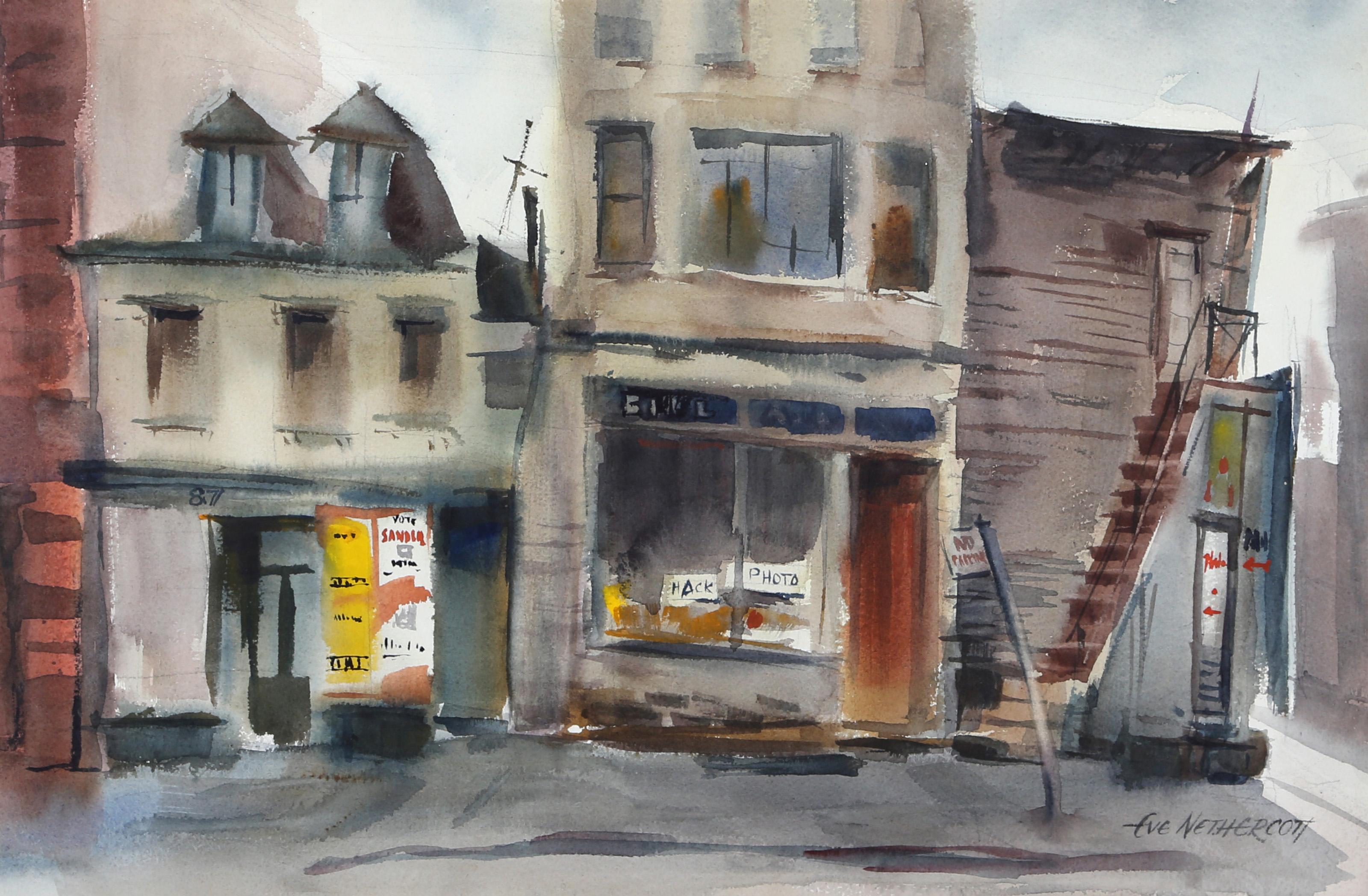  Eve Nethercott, Amerikanerin (1925 - 2015) -  Chinatown (P4.22), Jahr:  1961, Medium:  Aquarell auf Papier, Größe:  13.5  x 20.5 in. (34.29  x 52,07 cm), Beschreibung:  Eve Nethercotts Straßenansicht eines Chinatown-Viertels in einer Großstadt ist