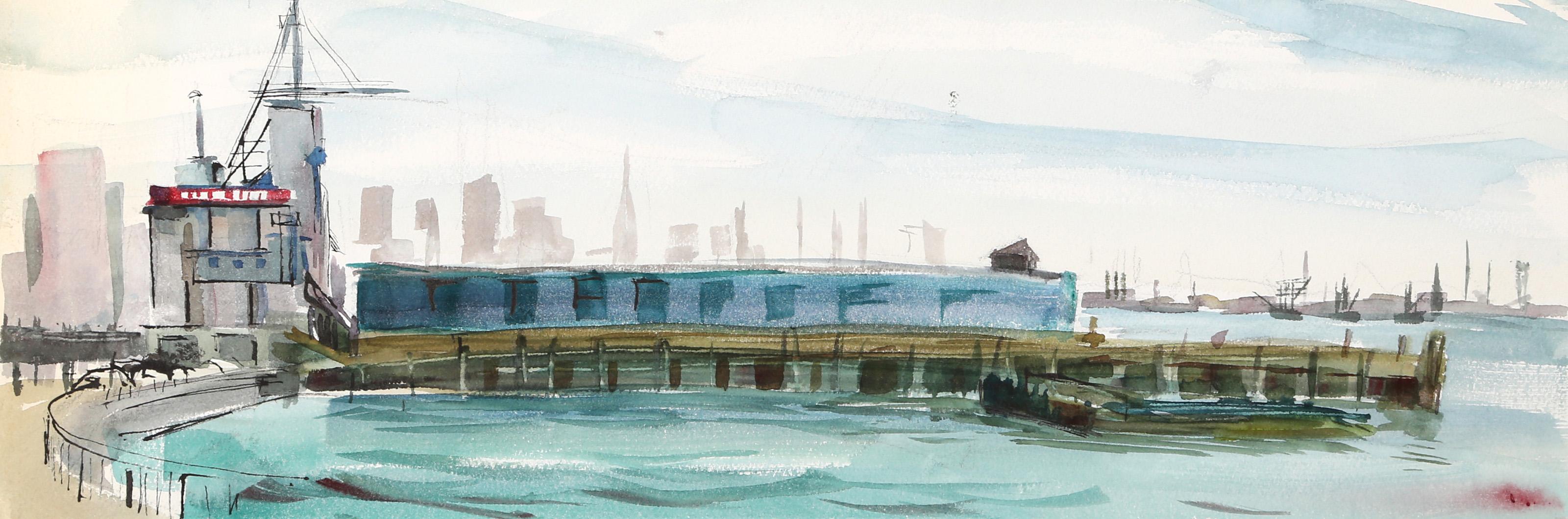  Eve Nethercott, estadounidense (1925 - 2015) -  Muelle (P5.7), Año:  hacia 1960, Medio:  Acuarela sobre papel, Tamaño:  7.5  x 22 pulg. (19,05  x 55,88 cm), Descripción:  Una acuarela única sobre papel de la artista impresionista estadounidense Eve