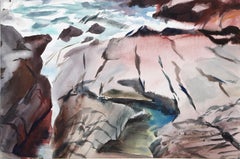 Surf Baldkopf Cliff, impressionistisches Aquarell von Eve Nethercott