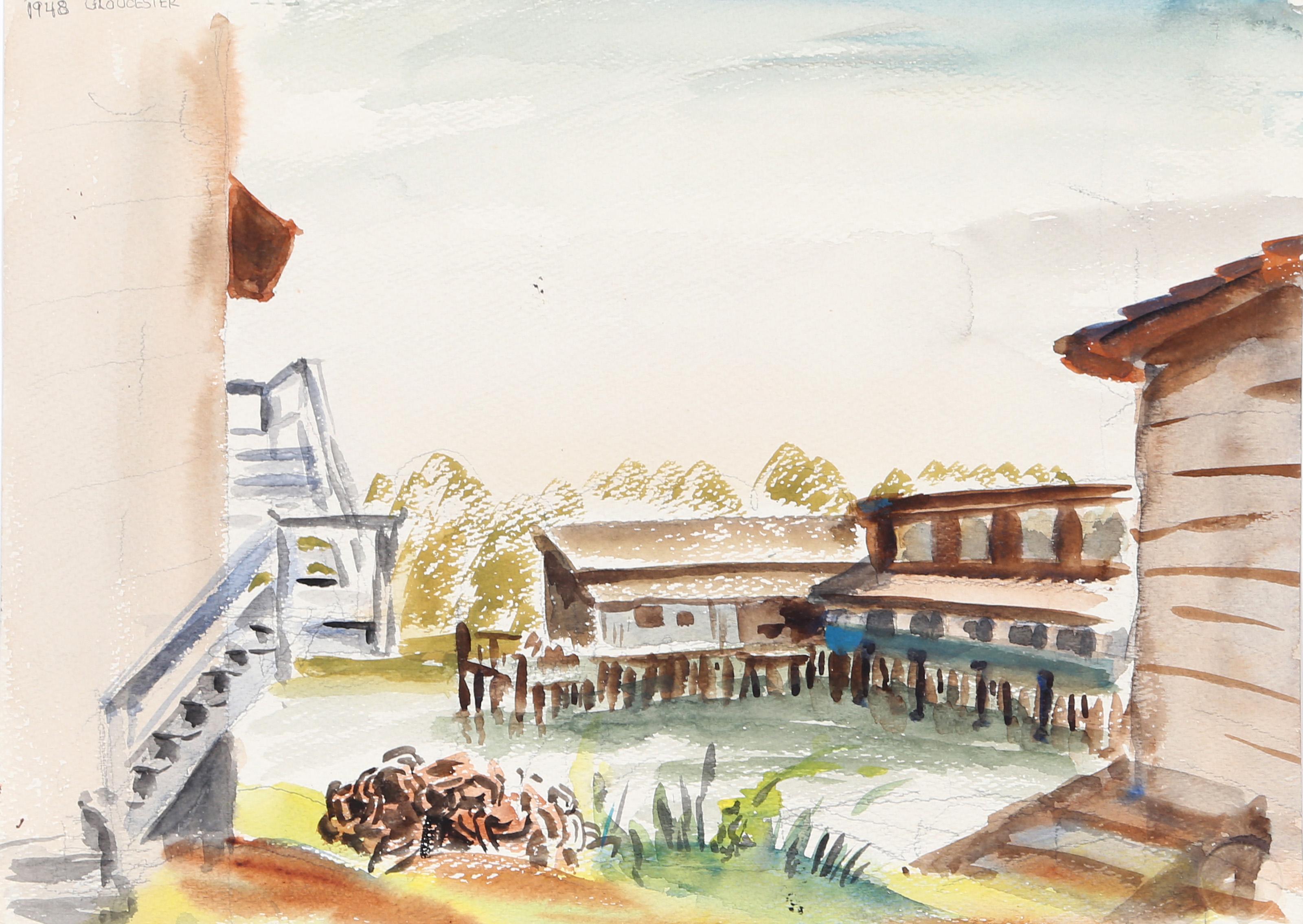  Eve Nethercott, Amerikanerin (1925 - 2015) -  Gloucester (P5.10), Jahr:  1948, Medium:  Aquarell auf Papier, Größe:  11  x 15 in. (27.94  x 38,1 cm), Beschreibung:  Eve Nethercotts Darstellung von Gloucester, die über das seichte Wasser blickt, ist