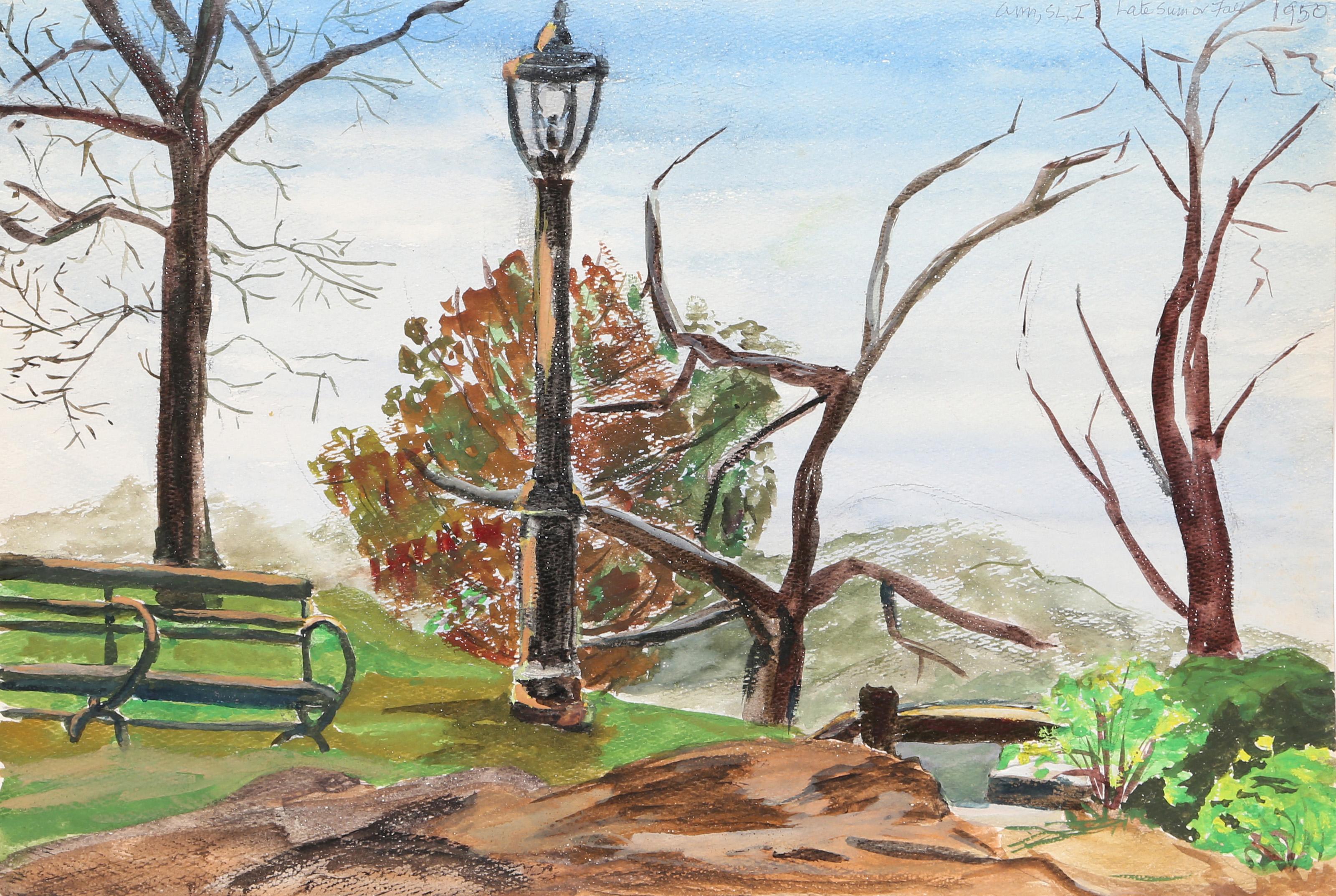  Eve Nethercott, Amerikanerin (1925 - 2015) -  Spätsommer (P5.11), Jahr:  1950, Medium:  Aquarell auf Papier, Größe:  12  x 17 in. (30.48  x 43,18 cm), Beschreibung:  Eve Nethercotts Darstellung eines öffentlichen Parks während des Spätsommers ist
