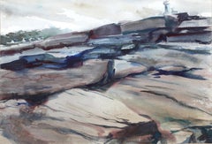 Rocks and Lighthouse, impressionistisches Aquarell von Eve Nethercott