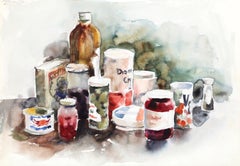 Nature morte d'articles de garde-manger, aquarelle impressionniste d'Eve Nethercott