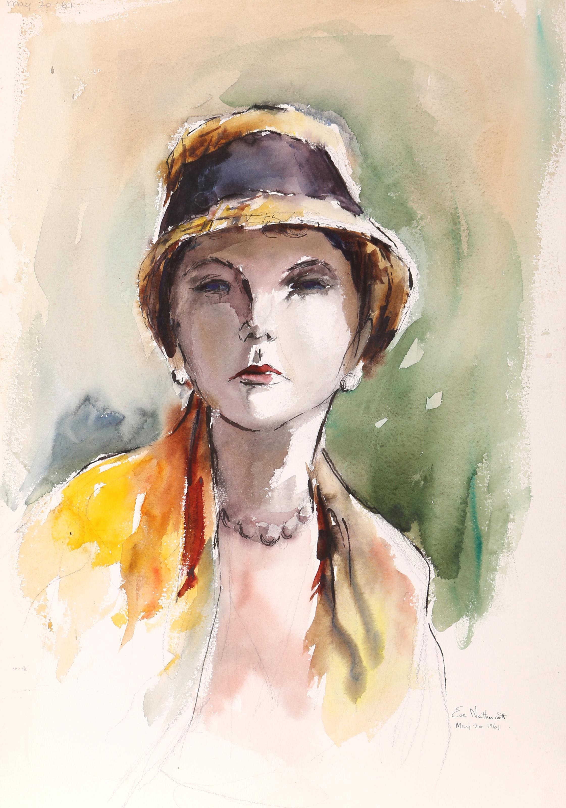  Eve Nethercott, Américaine (1925 - 2015) -  Femme en jaune (P5.26), Année :  1961, Medium :  Aquarelle sur papier, Taille :  22  x 15 pouces (55,88  x 38,1 cm), Description :  Vêtue d'un chapeau et d'un chemisier jaunes assortis, la modèle de ce
